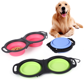 Dog Folding Outdoor Rubber Feeding Watering Double Bowl (Color: Blue)