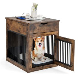 2-In-1 Dog Crate Furniture with Drawer & Charging Station (Color: Rustic Brown)